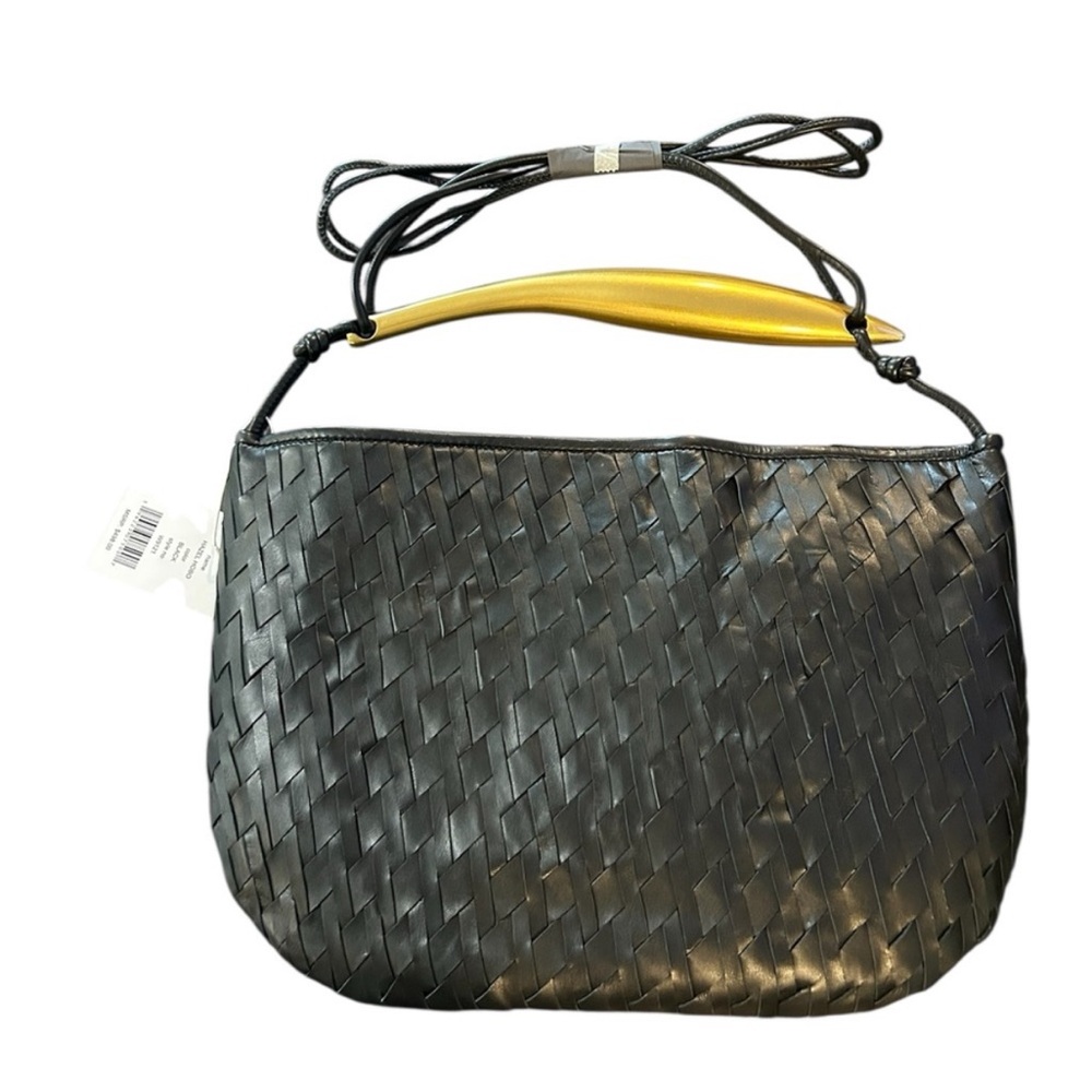 Walter Baker Hazel Hobo Woven Leather Black Gold Tone Handle Crossbody